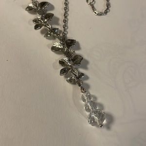 Upcycled & Reimagined Silvertone Necklace w Silver Blooms & 3 Crystal Drop